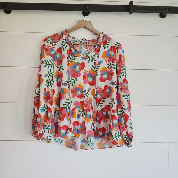 Crosby by Mollie Burch Blouse Top Popover Lightweight Floral Ruffle Colorful S - Picture 1 of 9